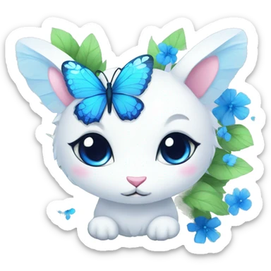 Edgy Cute Cool Kawaii gorgeous sparkly ethereal white fantasy animal with blue eyes sona with flowers and butterflies sticker