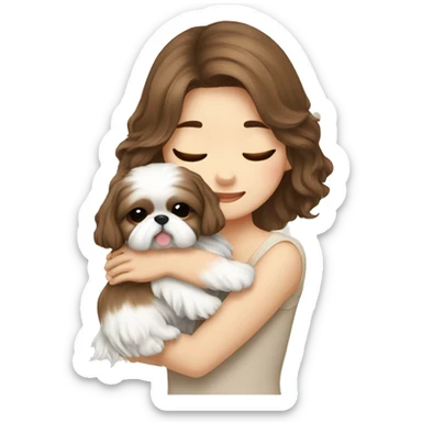 long brown wavy hair korean girl hugging cream colored shih tzu sticker