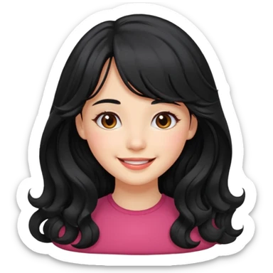 Please generate a portrait of a pretty girl with long, wavy, black hair. She's smiling. She also wears a middle parting and bangs. sticker