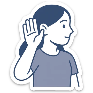 girl listening to viewer, side view, hand to ear, clean modern illustration style sticker