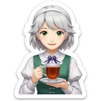 Sakuya Izayoi from Touhou Project stands with cup of tea in her hands and smiles sticker