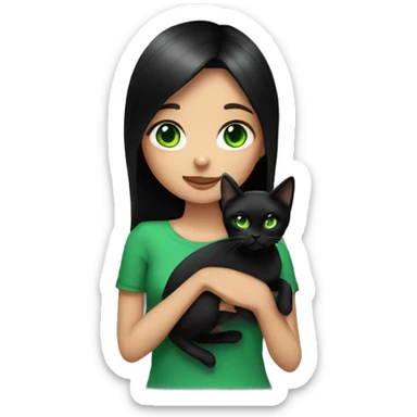 girl with black straight hair and green eyes holding a black cat with green eyes sticker