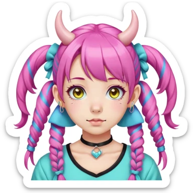 En anime-ku-jente med to rosa lange tykke fletter og cyan striper i håret, horn, og ku-ører, sort BH-topp over en gul cropped-fleece-blouse, lilla øyne, søt sløyfe på halsen  sticker