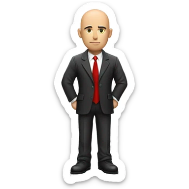 Serious Bald man with suit and red tie and leather gloves with back against wall peaking around corner sticker