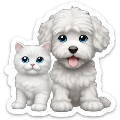 A blue-eyed gray cat with a white maltipoo sticker
