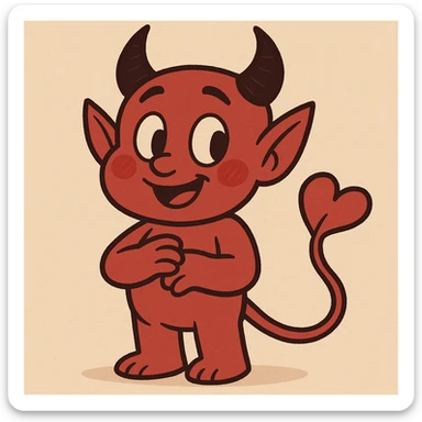 cute devil with heart-shaped tail, blushing cheeks, friendly look, cartoon style sticker