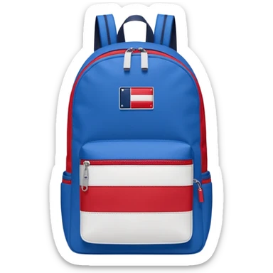 simple blue backpack, at the bottom pocket there is a  logo featuring a Tommy Jeans-inspired logo. The logo looks like A red and white vertically split flag-style patch on the bottom pocket.
 sticker