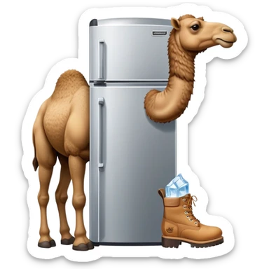 A desert camel head and neck attached to a stainless steel refrigerator body with ice dispenser, wearing classic Timberland-style work boots sticker
