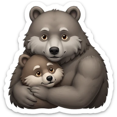 A beefy brown bear cuddling a grey wolf. Both of them are males and in love.  sticker