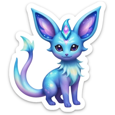 Shiny Iridescent Sparkly Nebulae Espeon-Lumineon-Vaporeon-Amaura-Glaceon-Dragonair-Fakémon-hybrid-creature (full body)  with a galaxy-dust-flowing-gradient-tail sticker