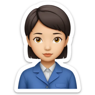 A short-haired Asian girl with a work permit sticker