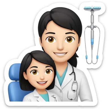 olive skin dentist with black hair smiling while working on a patient in a dental chair sticker