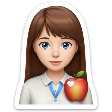 female, fair skin, brown hair long and straight with bangs, blue-grey eyes, white blouse, apple emoji style sticker