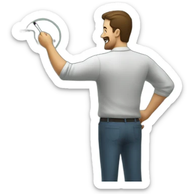 a man in front of a marker board talks about the design of a device sticker