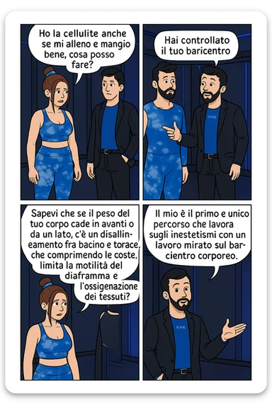 TRASFORMA QUESTO CAROSELLO IN UN FUMETTO CON QUESTE DUE PERSONE IDENTICHE CHE INTERLOQUISCONO TRA LORO:

LEI: Ho la cellulite anche se mi alleno e mangio bene, cosa posso fare?

LUI: Hai controllato il tuo baricentro corporeo?
LUI: Sapevi che se il peso del tuo corpo cade in avanti o da un lato, c’è un disallineamento fra bacino e torace, che comprimendo le coste, limita la motilità del diaframma e l’ossigenazione dei tessuti?
LUI: Il mio è il primo e unico percorso che lavora sugli inestetismi con un lavoro mirato sul baricentro corporeo. sticker