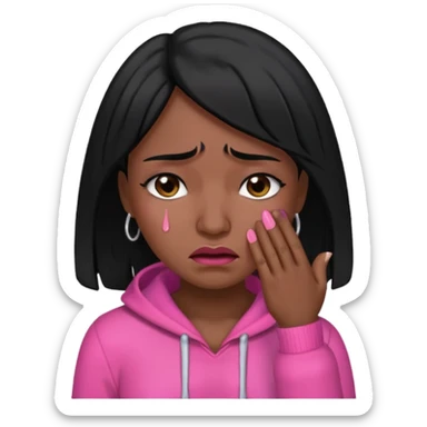 black hair woman with pink outfit and crying face sticker