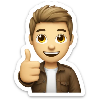 A young person holding a phone call form featuring a happy face emoji and giving a thumbs-up, symbolizing positive feedback sticker