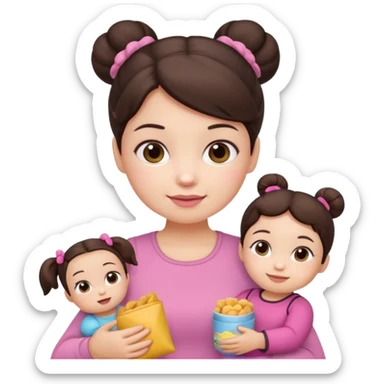 Cute small Toddler emoji with two small buns dark brown hair, fair skin, in pink top, holding toddler snacks & doll sticker
