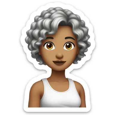 white and grey highlights hair, olive skin, white tank top, big cute eyes sticker