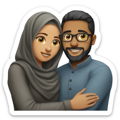 A young Muslim woman and her young Muslim husband with glasses and a beard hug sticker