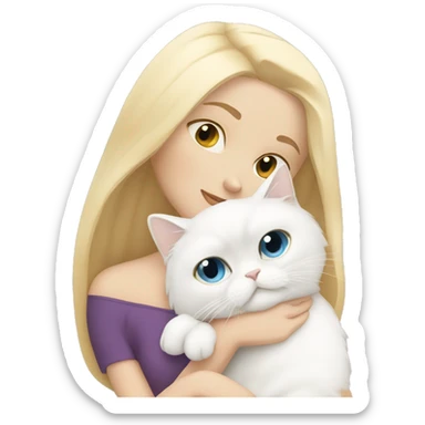 Blonde girl snuggling white Persian cat sticker