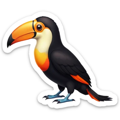 cinematic-toucan-realistic-full-body-standing-emoji,-sleek-black-feathers-contrasting-with-its-massive-bright-orange-beak,-head-tilted-dramatically,-sharp-dark-eyes-glowing-with-curiosity,-simplified-yet-realistic-focused-features,-highly-detailed,-glowing-with-an-almost-sarcastic-glow sticker