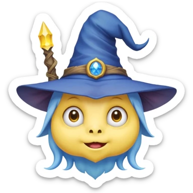 cute monster with white body, yellow tail, wearing blue sky witch hat. the face facing the front towards the 4th wall sticker