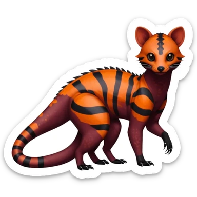 Rare warm-colored exotic edgy epic aesthetic spooky dark modern colorful cyber-Genet-Trico-Salandit-Civet-species-Fakemon-hybrid-creature, with beautiful intricate markings, full body sticker