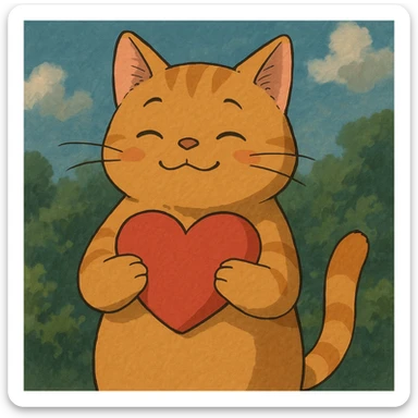 a cat with a heart, ghibli style sticker