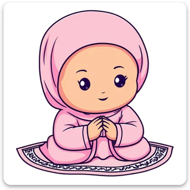 baby Muslim girl wearing pink dress on a light pink prayer rug sticker
