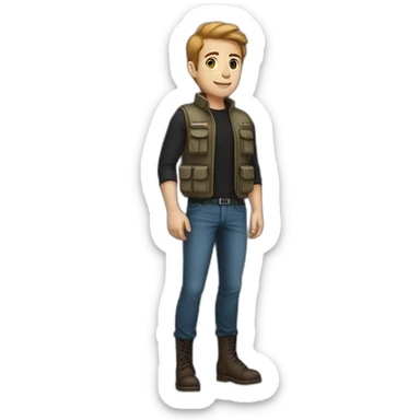 A young man, tall and thin, but athletic.   With black jeans and brown boots.   Wearing a black long-sleeved T-shirt and a deep sky blue vest on top, dressed in a military manne sticker