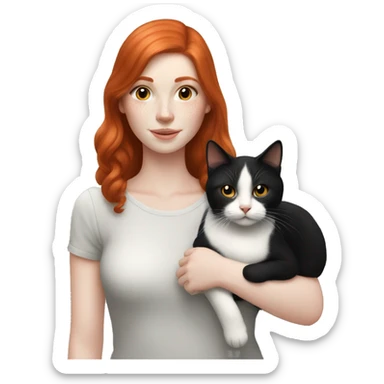 redhead girl with pale skin holding black and white cat sticker