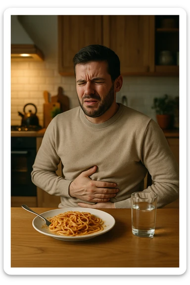 a man sits at a dining table, looking uncomfortable and holding his stomach after eating a plate of pasta. His expression shows mild pain or bloating. On the table, there’s a half-eaten plate of spaghetti, and a glass of water. The background is a cozy kitchen, but the focus is on the man’s discomfort.
 sticker