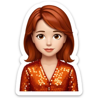 Linda Cardellini with reddish brown hair, red-orange sequin outfit sticker