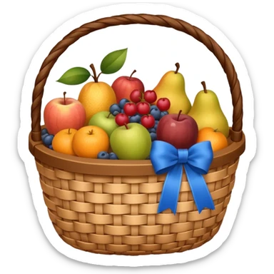 A basket with a blue ribbon on the handle sticker