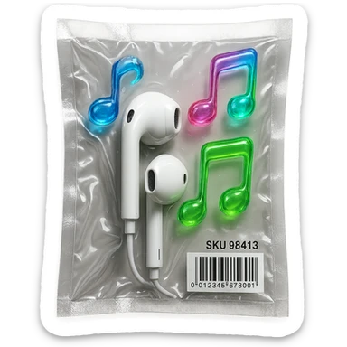 pair of white EarPods with three floating glass music notes in neon colors, shiny and puffy sticker
