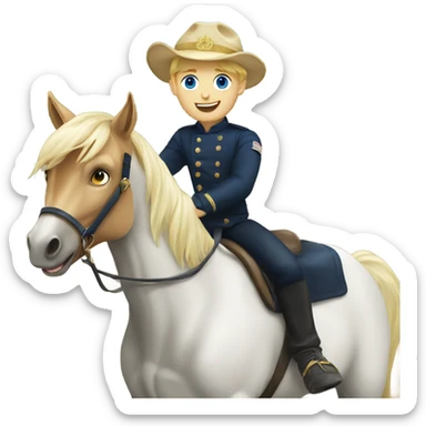 Blond boy with a navy hat and blue eyes riding a horse sticker