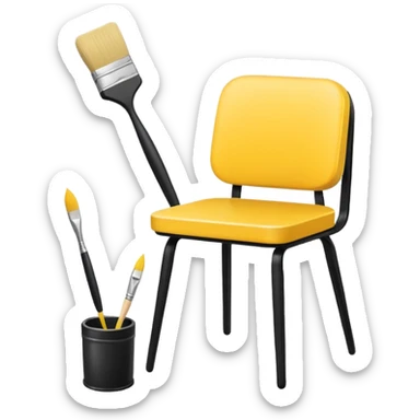 Minimalistic flat vector icon, iOS style, thin black contour on white background. A simple chair colored yellow, next to it a paintbrush and a small paint can. No text, no shadows.
 sticker