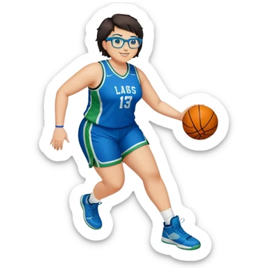Full Body plus size white female basketball player with short dark hair with highlights spike hair wearing blue glasses  wearing blue green uniform smiling sticker