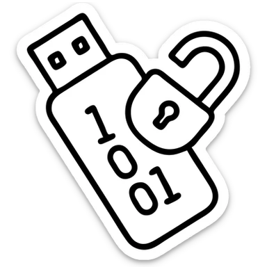 outlined icon of a USB drive and broken lock combined, tilted down-left, transparent look, gray and black, with 1s and 0s inside sticker