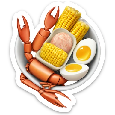 Bowl with crab legs and hard boiled eggs and corn cobs and sausage  sticker