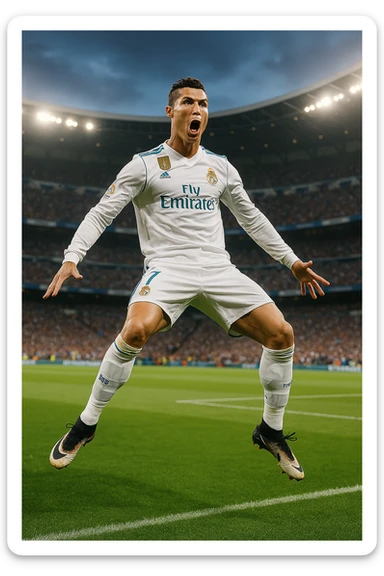 Ronaldo in white Real Madrid jersey, mid-air during 'siu' celebration, expressive face, football field setting sticker