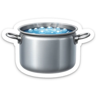 small metal pot filled with boiling water on a stove, visible hot steam and rising bubbles, realistic heat effect, shiny pot surface, bright lighting, clean white background

 sticker