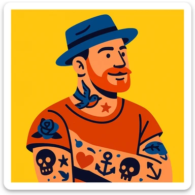 tattooed man wearing a hat, modern illustration style sticker