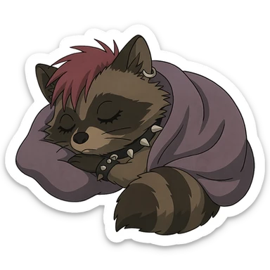 a punk goth trash baby raccoon cuddled up tucked in for a cozy nap sticker