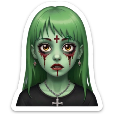 Zumbi verde com olhos castanhos aspecto de que tá sangrando, uma franja reta um piercing do lado esquerdo do nariz, roupa preta e crucifixo como colar, e também delineador sticker