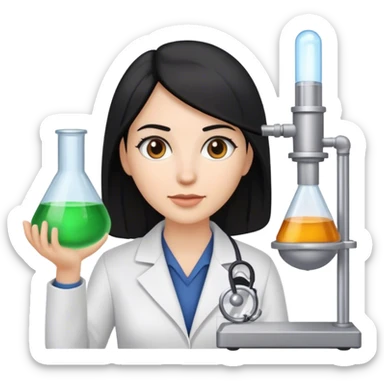 A white woman with black hair and brown eyes and straight hair, cientist sticker