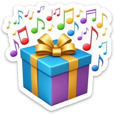 A wrapped gift box opening with colorful music notes flying out. sticker