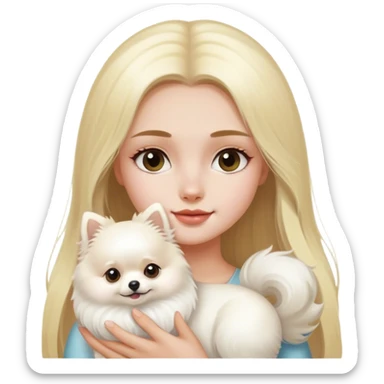largo blond hair girl holding a white pomeranian   sticker