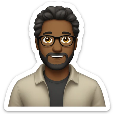 Brown skin man w beard and long hair. With glasses and black hair sticker